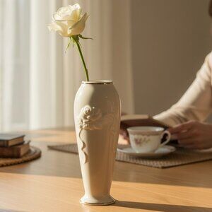 Vintage Lenox Ivory Rose Bud Vase in Gold trim, embossed roses, Cottage Chic